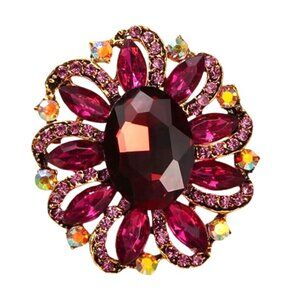 Elegant Oval Flower-Shaped Brooch Pin With Purple Crystal Rhinestones